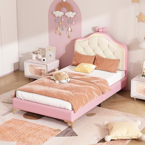 Ctastay Kinderbett Polsterbett 90x200 cm mit LED- Licht, Bett Einzelbett Mädchenbett mit Kopfteil, Bettgestell mit Schleifen & Lattenrost, PU, Rosa (Ohne Matratze)