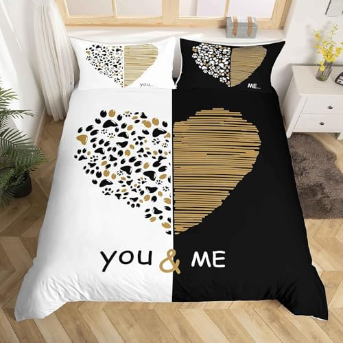 Homemissing Double You and Me Gold Schwarz Herzförmiger Bettbezug Paar Romantisch Valentinstag Familie Bettwäsche Weiß