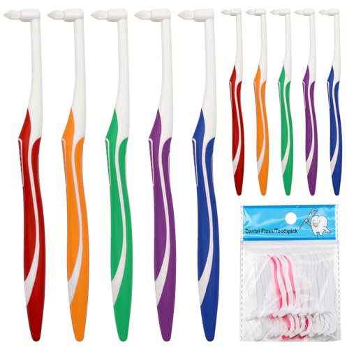 KASURE 10 Stück Tuft Zahnbürste Und 20 Zahnseide Sticks, Getuftet Bürste Weich Einbüschelzahnbürste End-Tuft Verjüngt Trimm Zahnbürste zur Zahnspange Reinigung