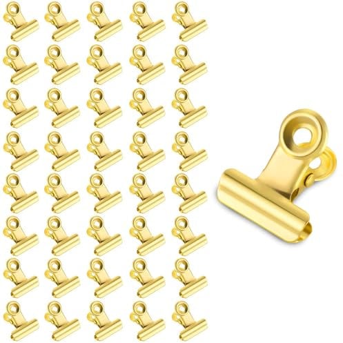 40Pcs Gold Binder Clips, 0.87 Inch(22mm) Metal Hinge Clips for Food Packages, Mini Picture Clips, Small Paper Clamps, Binder Clips, Photo File Paper Document Clip for Home and Office Supplies