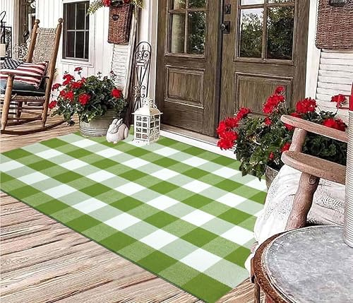 Grüner und weißer Buffalo Plaid Teppich 90 x 150 cm Karierter Outdoor-Teppich Bauernhaus Veranda Teppich maschinenwaschbar Haustürmatte Outdoor für Hallo Welcome Matte, Schlafzimmer, Eingang, Terrasse