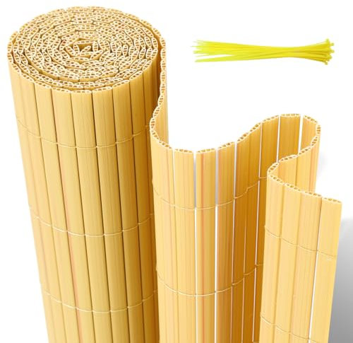 Jaxguom PVC Sichtschutzmatte, 90 x 400cm Sichtschutzzaun mit DREI Rippenverstärkungen und Kabelbindern, Windschutz Balkon Sichtschutz Wetterfest, für Zaun Garten Terrasse, Bambus