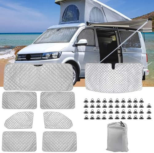 Thermomatte Fahrerhaus Innen für VW T5 T6 LWB, 8 Stück Sonnenschutz Frontscheibe Innen Verdunkelung Auto Frontscheibenabdeckung Thermorollo Set Windschutzscheiben Schutz Set