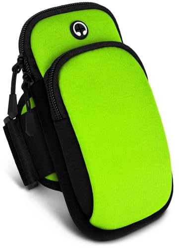 ONEFLOW Premium Sportarmband Handy Armband zum Joggen kompatibel mit iPhone 16e | Lauftasche Smartphone Armtasche weich, 2 Fächer - Sport Handyhalterung Arm, Grün