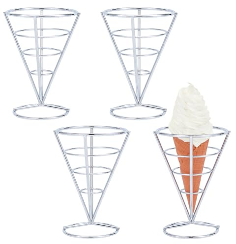 MAYJOYDIY 4 Pcs Silver Stainless Steel Waffle Cone Holder Stand 105x138mm Pizza Cone Holders Metal Food Cone Display Stands Ice Cream Holders for Ice Cream Hand Roll Sushi French Fries