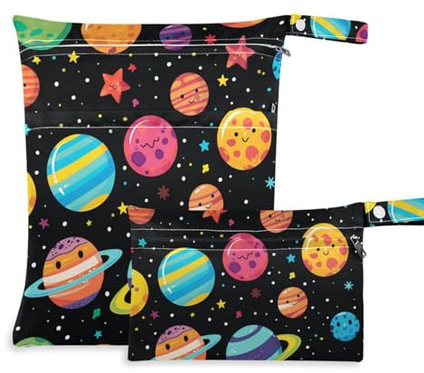 Amooorous Bunte Wickeltasche mit Cartoon-Planeten, 2 Stück, wichtige Gegenstände mit Griffen für Fitnessstudio, Pool, Bunte Cartoon-Planeten, 1 size, Lässig