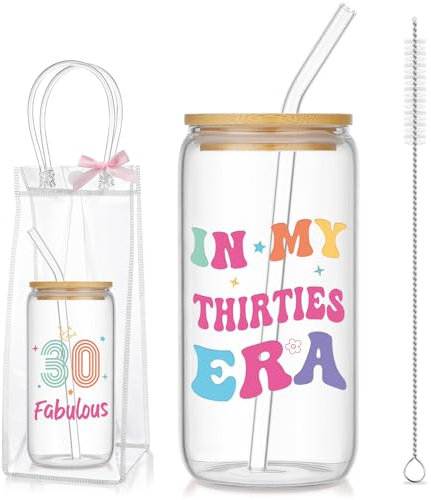 saerryor 30th Birthday Gifts for Women,Glass Tumbler with Straw and Lid for Iced Coffee Bubble Tea Water, 16 oz Glass Drinking Cup 30 Year Old Present for Mum Auntie Wife Girlfriend Sisters Friends