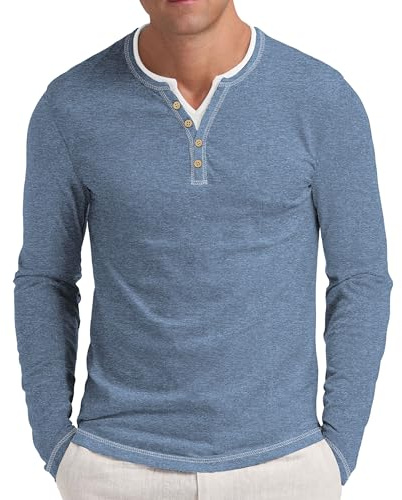 NITAGUT Henley Long Sleeve Shirts for Men Color Lines T-Shirts Casual Tees Button Washed Basic Mens Henley Tops,Blue,2XL