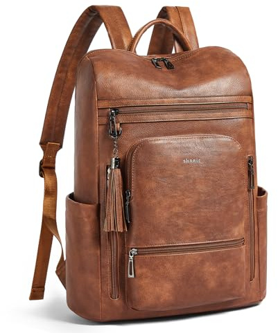 Shrrie Upgraded Large Travel Laptop Backpack Fits 17 inch Laptop,Vegan Leather Computer Backpack for Women and Men Business,Two-toned Brown