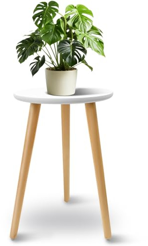 Cyiecweu Blumenständer Holz, Runder Pflanzenständer Hoch, Blumenhocker mit Drei Beinen für Indoor Pflanzen, Topfpflanzen und Schnittblumen Wohnzimmer, Balkon Garten, 28*40cm (Weiß)