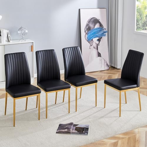 A ALFRESCOOL Esszimmerstühle 4er Set, Moderner Küchenstuhl, Esstisch Stühle mit PU-Leder-Rückenpolster und Goldene Metallbeinen, Geeignet für Esszimmer, Schlafzimmer und Wohnzimmer(Schwarz)