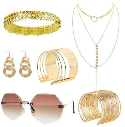 LQTSLFM 70er Disco Accessoires Damen, Disco Outfit Zubehör Glitzer, mit Baumelnde Ohrringe Halskette Armreif Armbänder Diamantbrille für Damen Karneval Party Kostüm Zubehör