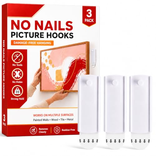 CEYOME No Nails Picture Hooks – 4lbs Command Strip Hooks for Picture Hanging, Picture Frame Hooks, Damage-Free Adhesive Picture Hangers (White, 3 Pack)