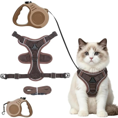 2er Set Katzengeschirr mit Leine Ausbruchsicher, Katzenleine, Braun | 2-teiliges Set, Katzengeschirr mit Leine ausbruchsicher, atmungsaktives Mesh, verstellbar, für Katzen und kleine Haustiere