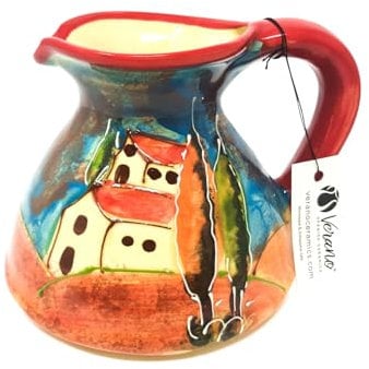 Verano Spanish Ceramics Tuscany Hand Painted Flat Based Jug - New Home Decor Kitchen Restaurant Cafe Counter Dining Table Flower Vase Serving Cream Milk Water Juice Pourer - 14cm
