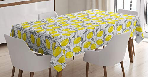 ABAKUHAUS Zitronen Tischdecke, Skizziert Lemon Pattern, Druck mit Klaren Farben ohne Verblassen Waschbar für innen oder Außen Bereich, 140 x 170 cm, Gelb Weiß und Schwarz