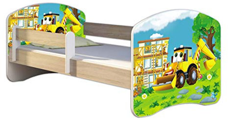 Kinderbett Jugendbett mit einer Schublade und Matratze Sonoma mit Rausfallschutz Lattenrost ACMA II 140x70 160x80 180x80 (20 Bagger, 140x70)
