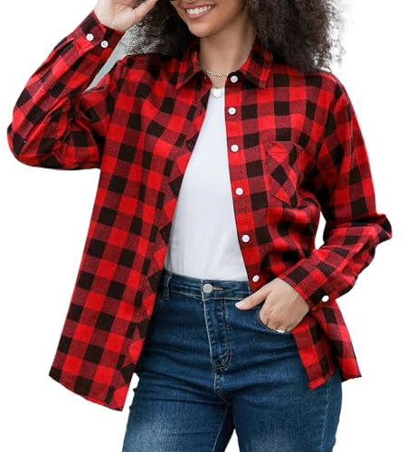 SANGTREE Chemise à carreaux boutonnée décontractée à manches longues pour femmes et filles, 3 mois – Adulte 2XL, Un plaid rouge et noir, Taille M