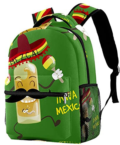Leisure Campus Travel Backpacks, Cute Funny Cartoon Mexican Tequila Pattern Bags with Bottle Holder for Girls Boys