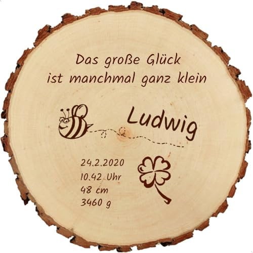 Baumscheibe 18cm mit Gravur (Name, Datum, Uhrzeit, Gewicht, Größe) personalisierte Holz-Scheibe Taufgeschenke Geschenke zur Geburt Taufe, MotivGE2