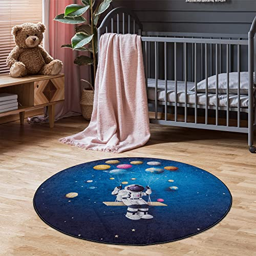 Pasha Home Kinderteppich 120 cm Rund Astronaut/Kinder Spielteppiche aus Polyester- & Flanellfasern/Teppiche fürs Kinderzimmer antirutsch & schmutzabweisend/waschbarer Spiele Teppich