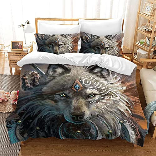 CXYXHW Bettwäsche-Set Wolf 3D Tier Serie Print Musterdesign mit Reißverschluss,Motiv Wolf dreiteiliger Bettbezug Set Microfaser (C, 135x200cm)