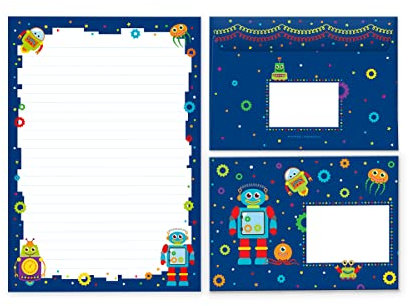 Briefpapier-Set Briefblock mit Umschlag für Jungen Jungs Kinder Roboter (Block A5 mit 25 Blätter + 15 Umschläge)