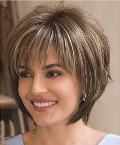 AIYLMZ Kurze, lockige, geschichtete, Pixie-Schnitt-Synthetik-Perücke mit Perückenkappe für Frauen (Braun gemischtes Blond)