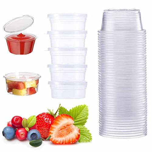 50Pcs Plastic Containers Round Food Container Pots with Lids BPA Free Sauce Pots Leakproof Food Cups Small Storage Pots Takeaways Containers for Restaurant Sauce, Salads, Jelly and Dessert - 2oz