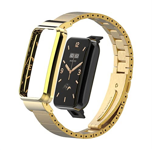 HOPMC Metall-Armband mit Schutzrahmen und 18 mm Stahlgeflecht-Bajonettband für Xiaomi Mi Band 7 Pro Fashion Choice (Gold)