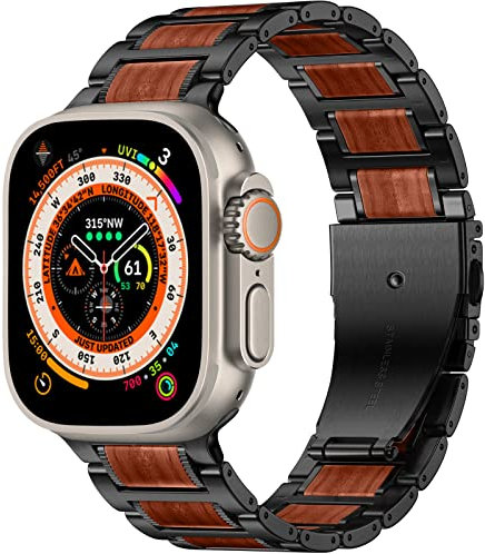 Oielai 24mm Breit Holz Band Kompatibel mit Apple Watch Armband 49mm für Herren, Edelstahl Metall mit Sandelholz Armband für Apple Watch Ultra/Ultra 2, Schwarzer/Sandalwood