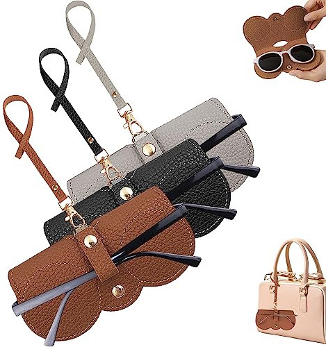 Winuoyang Sunglasses Case,3Pcs Soft Leather Sunglasses Bag Portable Glasses Case Sunglasses Pouch Eyeglass Bags with Lanyard Sunglasses Storage Holder for Women Men (Black+Gray+Brown)