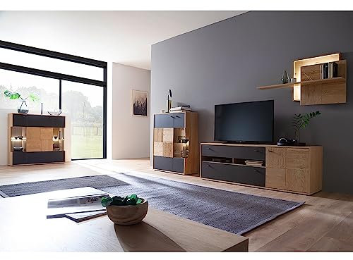 Lomadox Wohnzimmermöbel Set Wohnwand Eiche Bianco teilmassiv 4-teilig Modern, 2 Highboards, 1 TV-Lowboard, 1 Wandboard inkl. LED-Beleuchtung