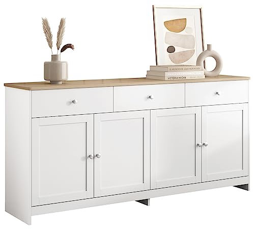 Merax Sideboard Kommode Weiß, Anrichte mit 3 Schubladen und 4 Türen, Moderne Beistellschrank Schrank Mehrzweckschrank Flurschrank, viel Stauraum für Wohnzimmer, Esszimmer, 160 x 37 x 75 cm