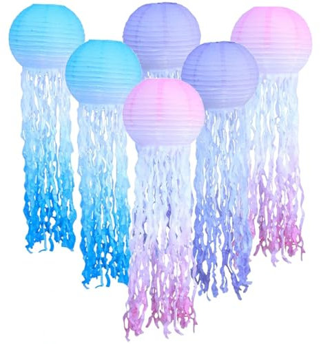 Papierlaterne Laterne Deko,6 Stück Quallen Papierlaternen Ozean Lampions Lampenschirm Meerjungfrau Geburtstag Deko,Ozean Thema Party Lieferungen für Kinder Thema Party (hellblau)