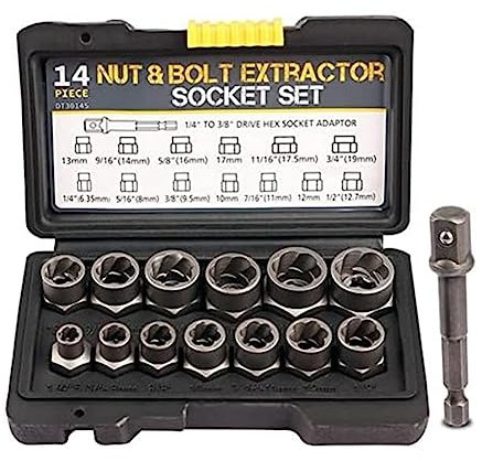 HUTSRAI Ensemble D'Extracteurs D'Écrous de Boulons à Chocs de 14 Pièces avec Entraînement de 3/8 Pouces Kit D'Extracteurs D'Écrous en Acier 1/4 Pouces-3/4 Pouces