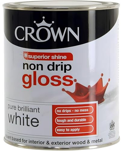 AMK® Crown Non Drip Gloss Paint 750ml Pure Brilliant White Interior Wood Metal Finish Easy Application Less Mess High Sheen Durable Wipeable Trim Skirting Doors Frames Solvent Based