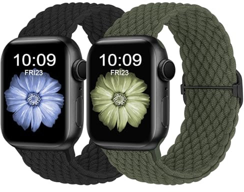 Finoriss Armband Kompatibel mit Apple Watch 38mm 40mm 41mm, Geflochtenes Elastisches Nylon Armband für Apple Watch Series 9 SE 8 7 6 5 4 3, Schwarz/Olivgrün