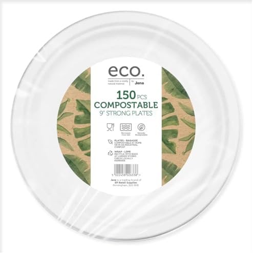 AHG Investment JENA Eco Compostable Strong Plates | Strong & Microwaveable | 9 Inches 22.8 cm | Ideal for Parties & Picnics | 150 Pack