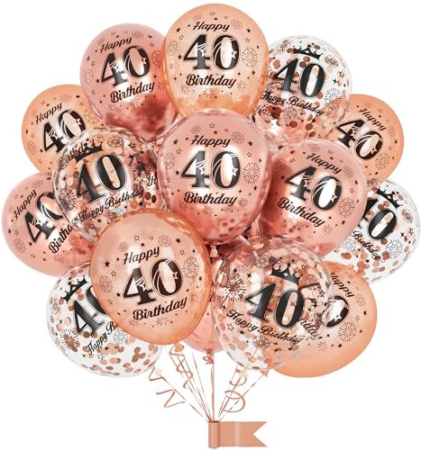 40th Birthday Balloons,15 Pcs Rose Gold Party Decorations with Happy Birthday Latex Confetti Balloons for Women 40th Birthday Décor Anniversary Age Balloons