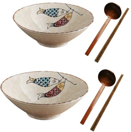 Ceramic Japanese Ramen Bowl Noodles Bowls for Soup Pho Udon Soba Salad Snack Cereal Dishes with Spoons Chopsticks 900ml Gift Set (Double Fish)