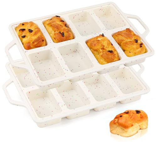 Vinino Silicone Mini Loaf Pans with Metal Reinforced Frame-2 Pack, Non-stick Silicone Bread Pan for Baking 8-Cavity, Tiny Banana Bread Set, Dishwasher Safe Brownie Pan-Cream