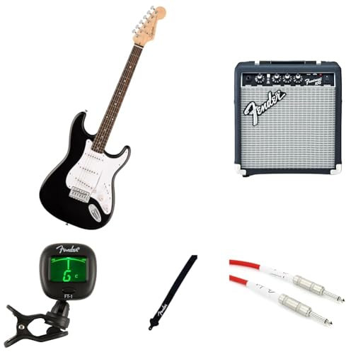 Fender Squier Debut Stratocaster Electric Guitar Kit for Beginners, includes Amplifier, Cable, Strap, and Tuner, Black