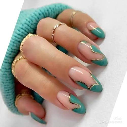 24Pcs Press on Nails - Fake Nails Blue Whirlpool Love Heart Design Wearable Nail Arts - For Women Girls DIY Removable False Nails Art (Green Wave)