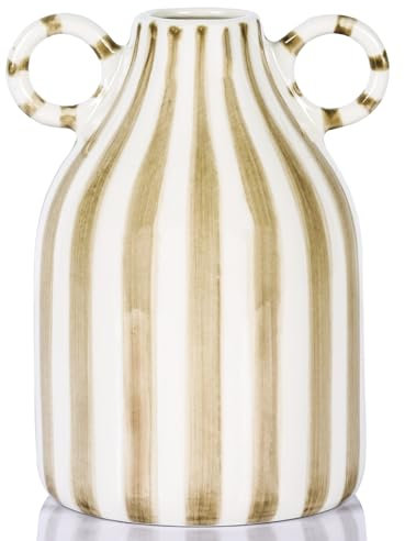 Weiße und braune Keramikvase mit Griff, nordische Boho-Vasen, kleine Vasen, Beistelltisch, Blumendekoration, breite Öffnung, einzelne Blumenvase, Pampasgras, dekorativ – für Zuhause, Fensterbank,