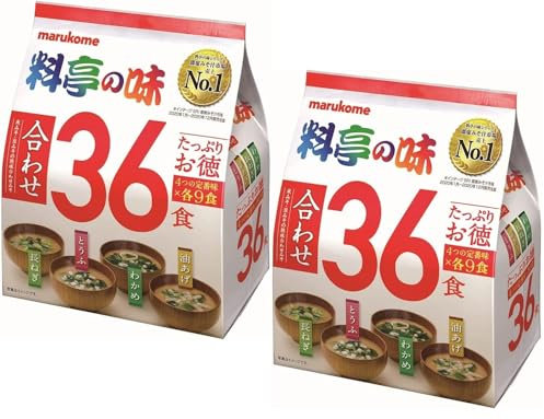 Marukome Miso Ryotei no Aji Suppe, 4 Geschmacksrichtungen, 36 japanische Miso-Suppen (Algen Wakame, Frühlingszwiebeln, Tofu, Aburaage), 2 Packungen (insgesamt 72 Suppen)