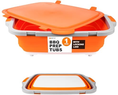 Drip EZ Tina plegable para preparación de barbacoa (V2) – para almacenamiento de alimentos marinados – Incluye tabla de cortar y tapa de bloqueo – (1) XL - Naranja