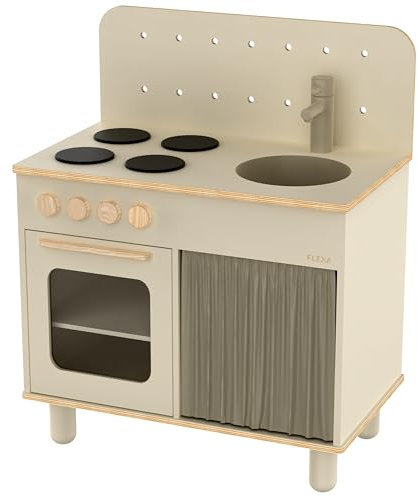 FLEXA Spielküche Holz - Kinderküche Holz für Kinder | Holzküche Kinder zum Nachspielen von Abendessen, Abwaschen und Dessert Zubereitung, voller funktionaler Details, Cream White
