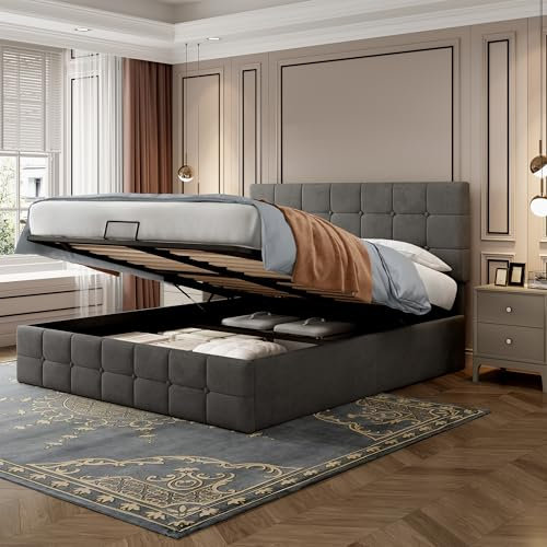 Merax 4ft6 Double Upholstered Ottoman Storage Bed Frame,135x190cm Velvet,Lift Storage BED with Adjustable Button-Tufted Headboard and Wooden Slats (Without Mattress - Grey)