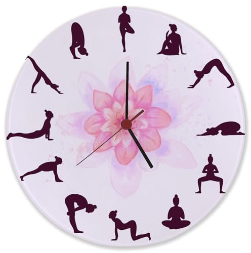 speecheese Yoga Wanduhr aus Glas mit verschiedenen Yogastellungen Witzige Uhr für Yogasport Yogastudio mit Blumenmotiv für mehr Sport und Beweglichkeit im Alltag